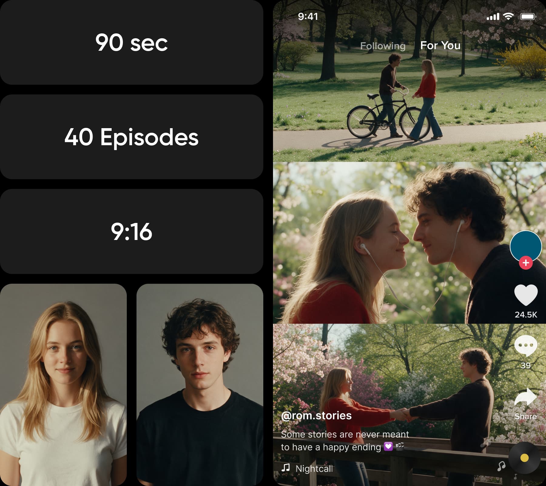 An AI short drama set up as 40 vertical episodes of 90 seconds each, with the same two leads in every scene