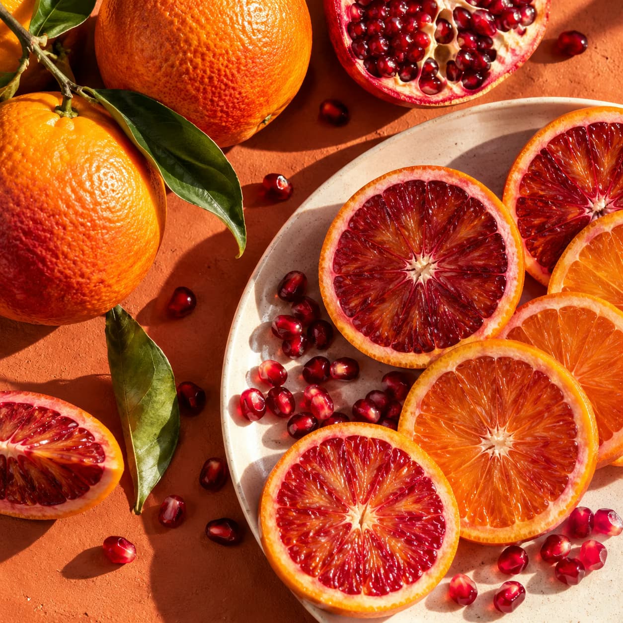 Illustrazione generata con l’AI di arance e melagrana con un trattamento caldo da foto gastronomica