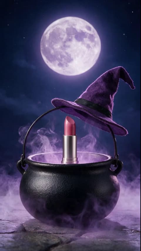 Halloween-Videobeispiel: Lippenstift-Enthüllung mit Hexenhut.