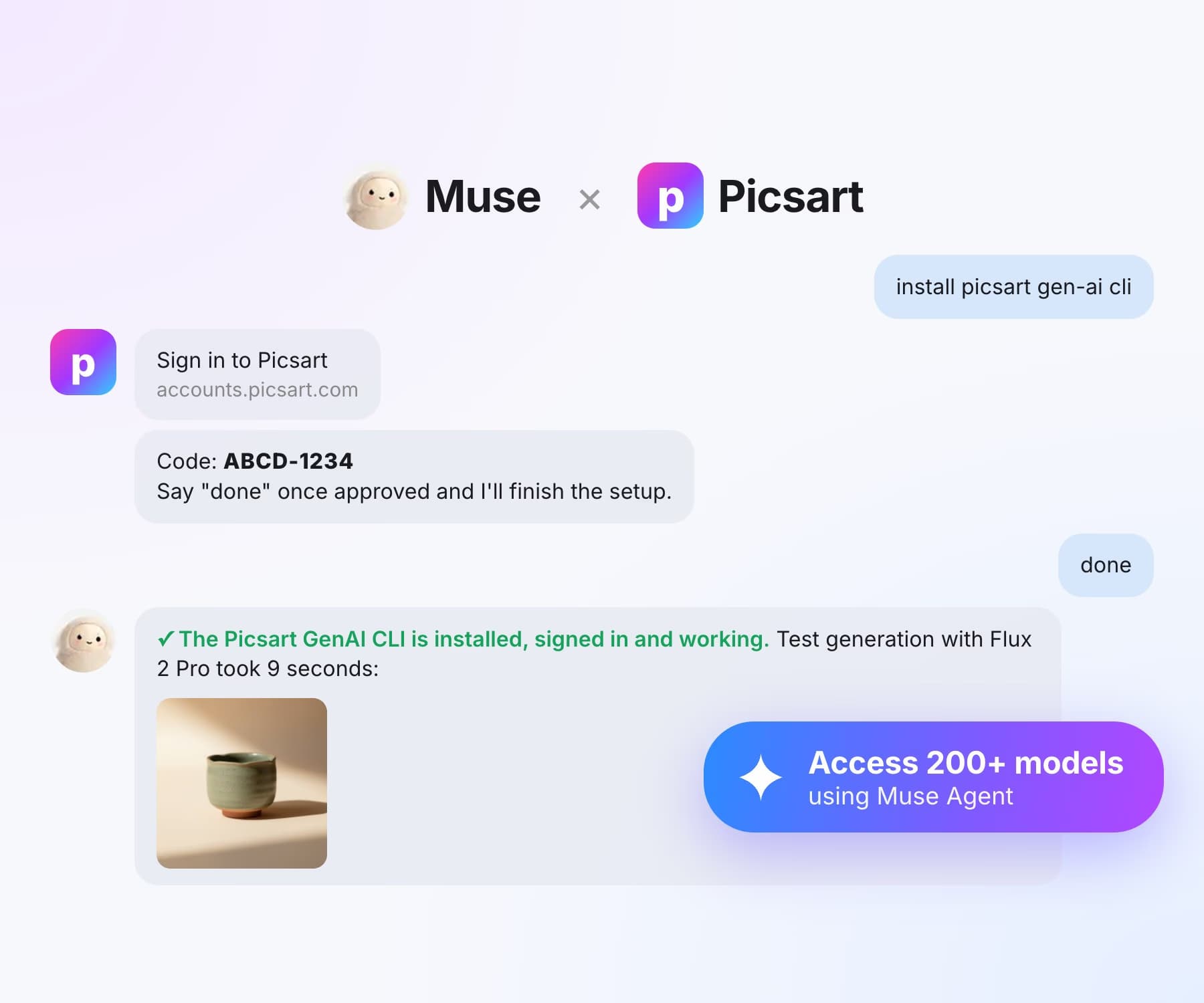 Muse chat: the user types install picsart gen-ai cli, approves the Picsart sign-in, and gets a first image