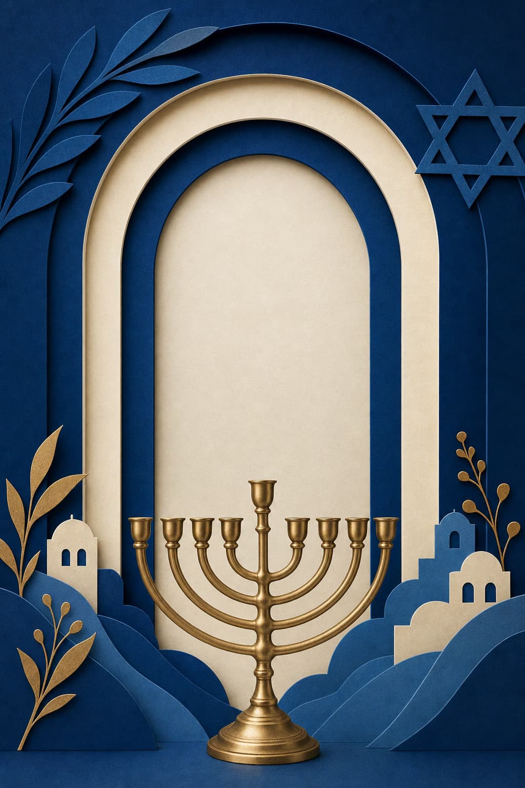 Blue and cream arches around a respectful hanukkiah silhouette.