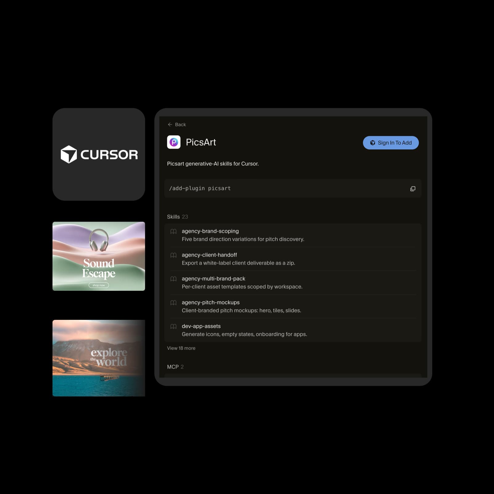 Original Cursor logo and actual Picsart marketplace listing, with illustrative artwork reused from the Codex landing page