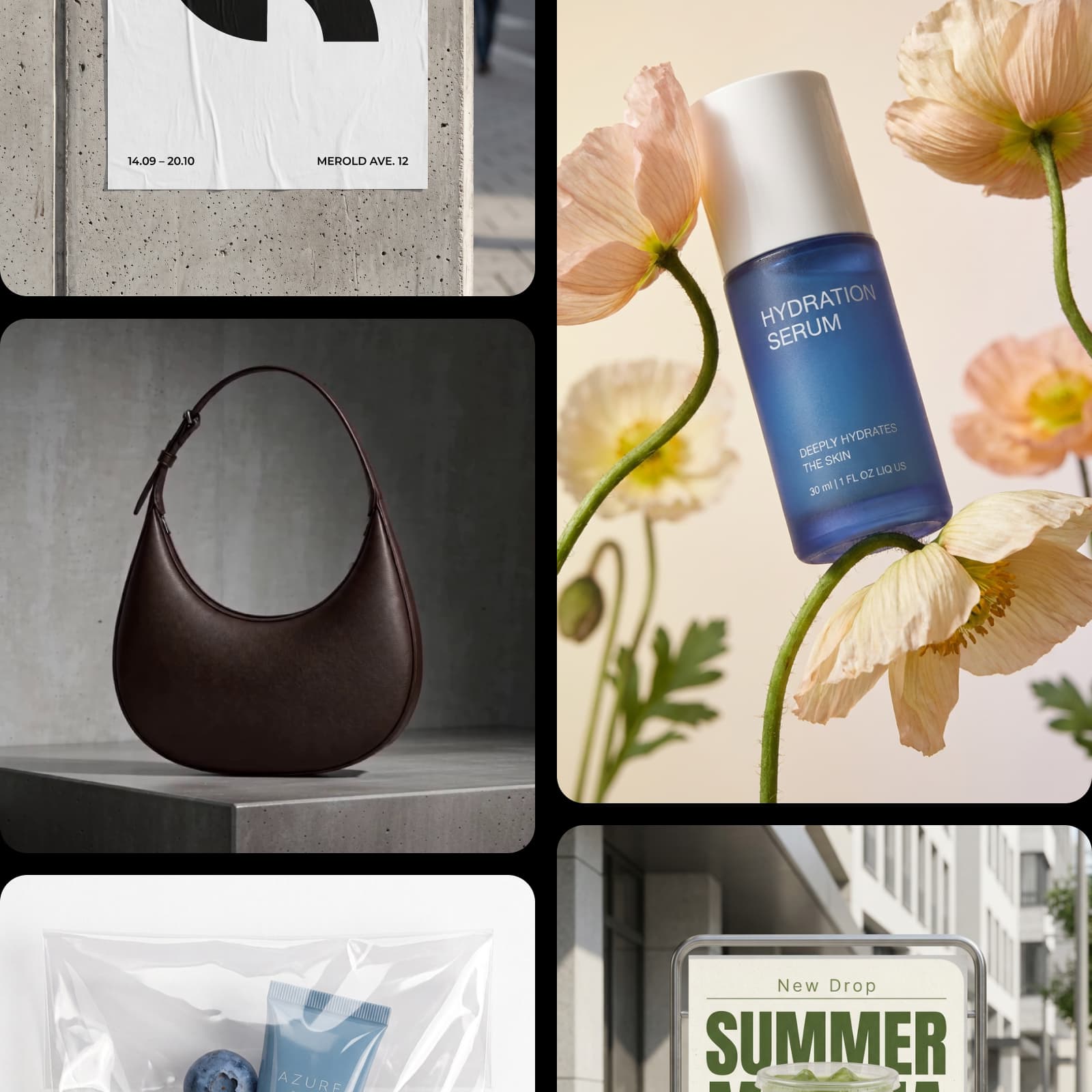 Picsart Flow template covers including a serum among flowers, a leather handbag, and a summer sign