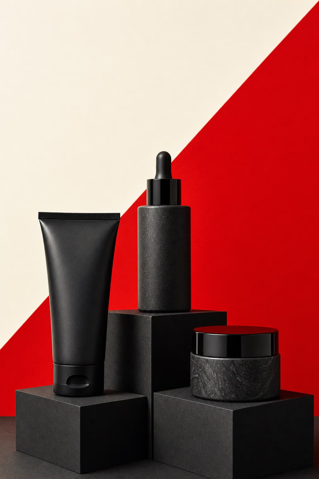 Charcoal product trio on paper plinths with a scarlet accent.