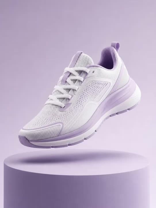 Lilac sneaker rotating above a pedestal