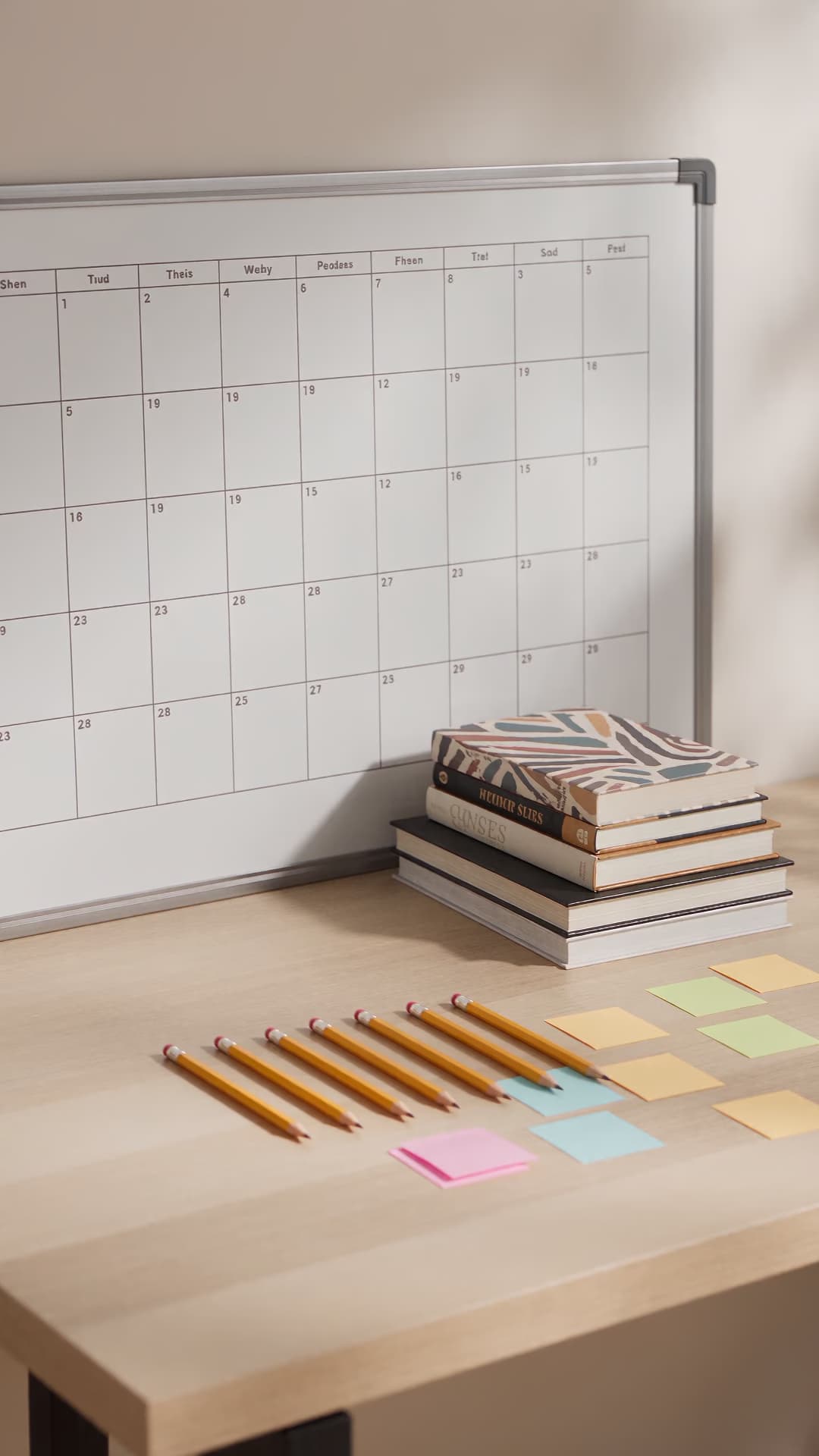 Teacher desk and blank weekly board changing states.