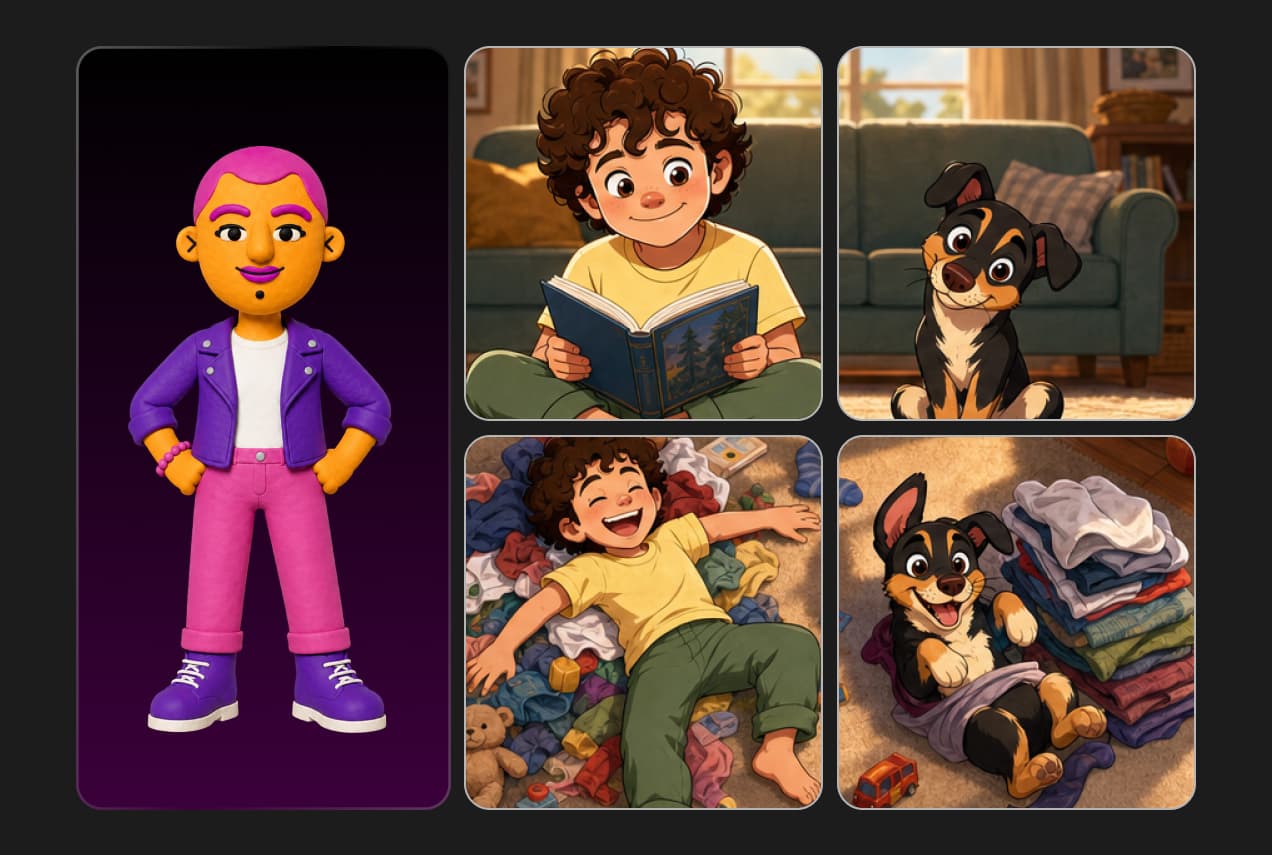 The Lina agent beside cartoon scenes of a boy and his dog reading, playing, and resting