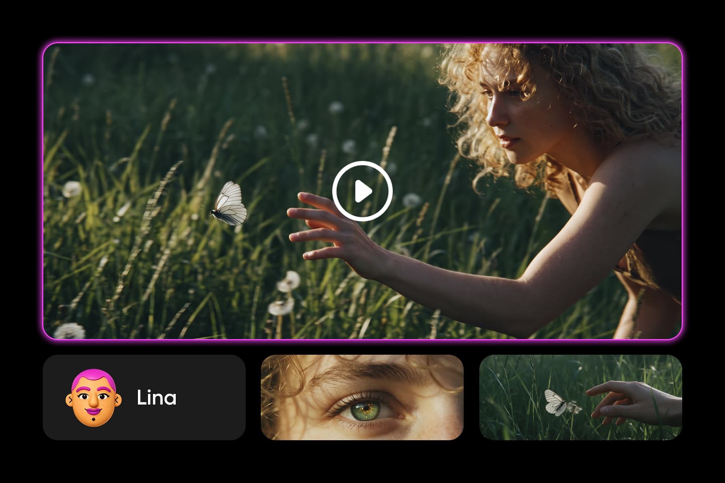 Lina, the Picsart film director agent, with a cinematic shot of a woman reaching for a butterfly in tall grass