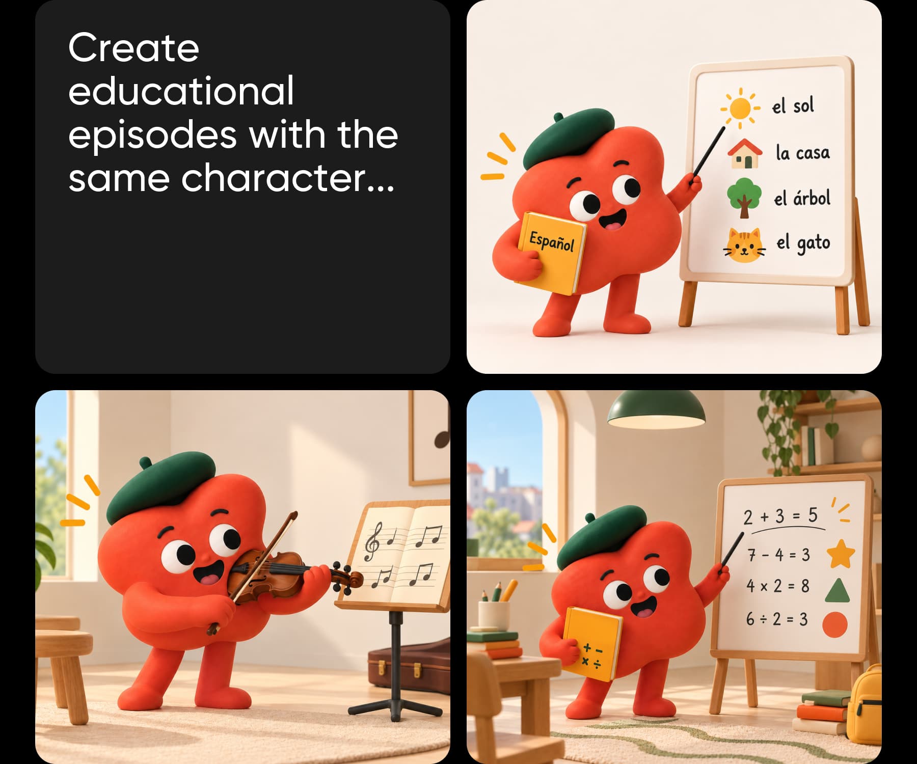 A brief to create educational episodes with the same tomato character, shown teaching Spanish words, playing violin, and doing maths