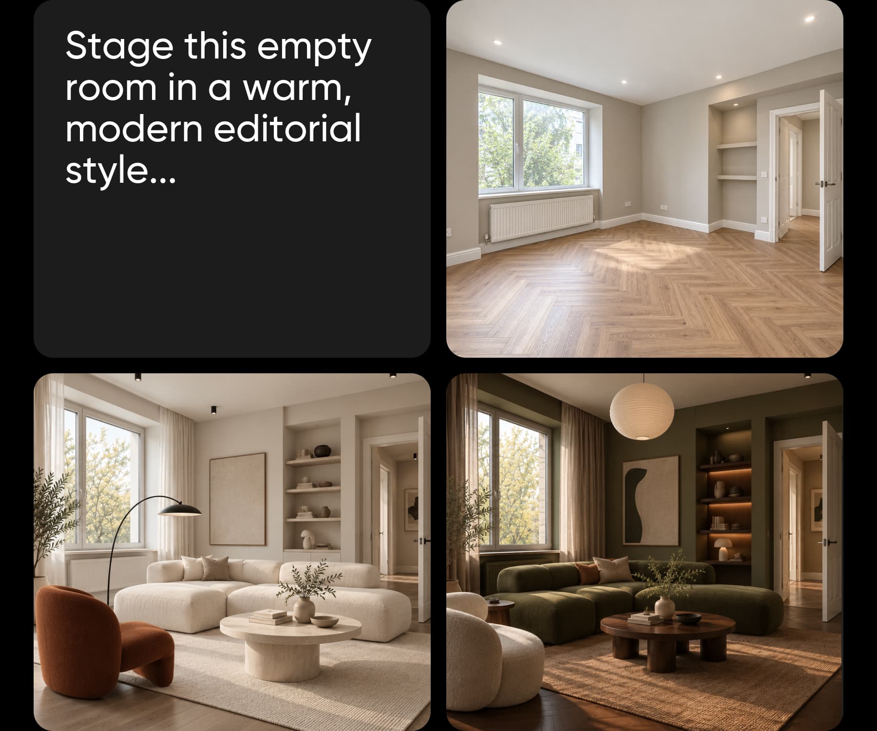 Prompt to stage an empty room in Picsart Flow, with the bare room and three staged versions