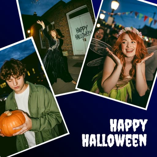 Blaue Halloween-Collage-Vorlage mit Kostümfotos und der Überschrift „Happy Halloween“.