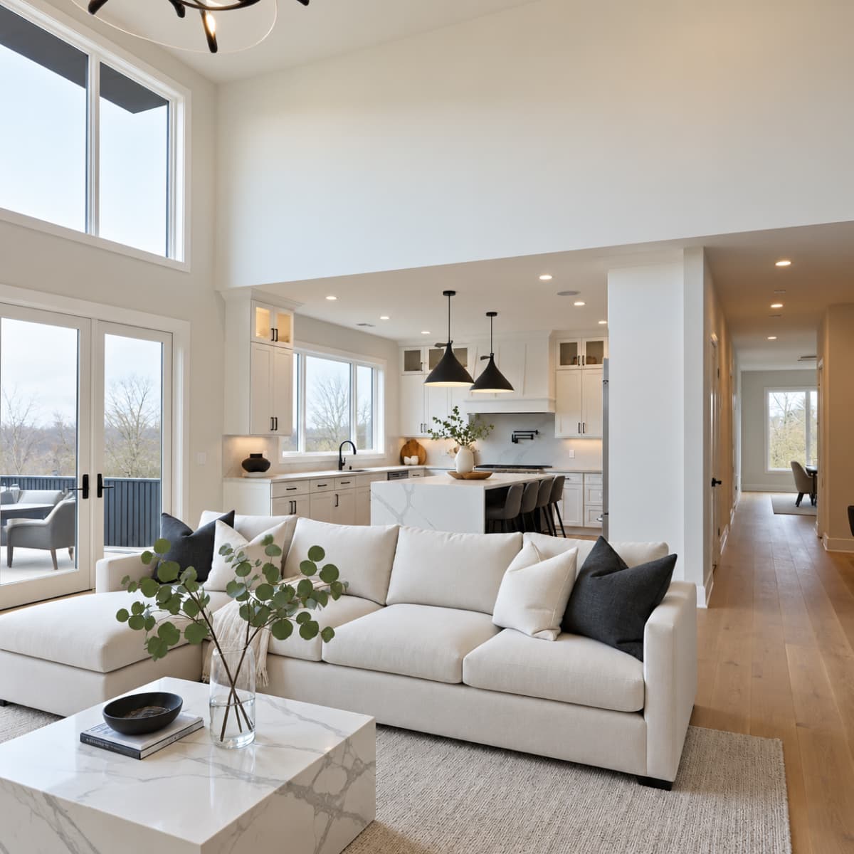 Bright open-plan living room with a white sofa and kitchen