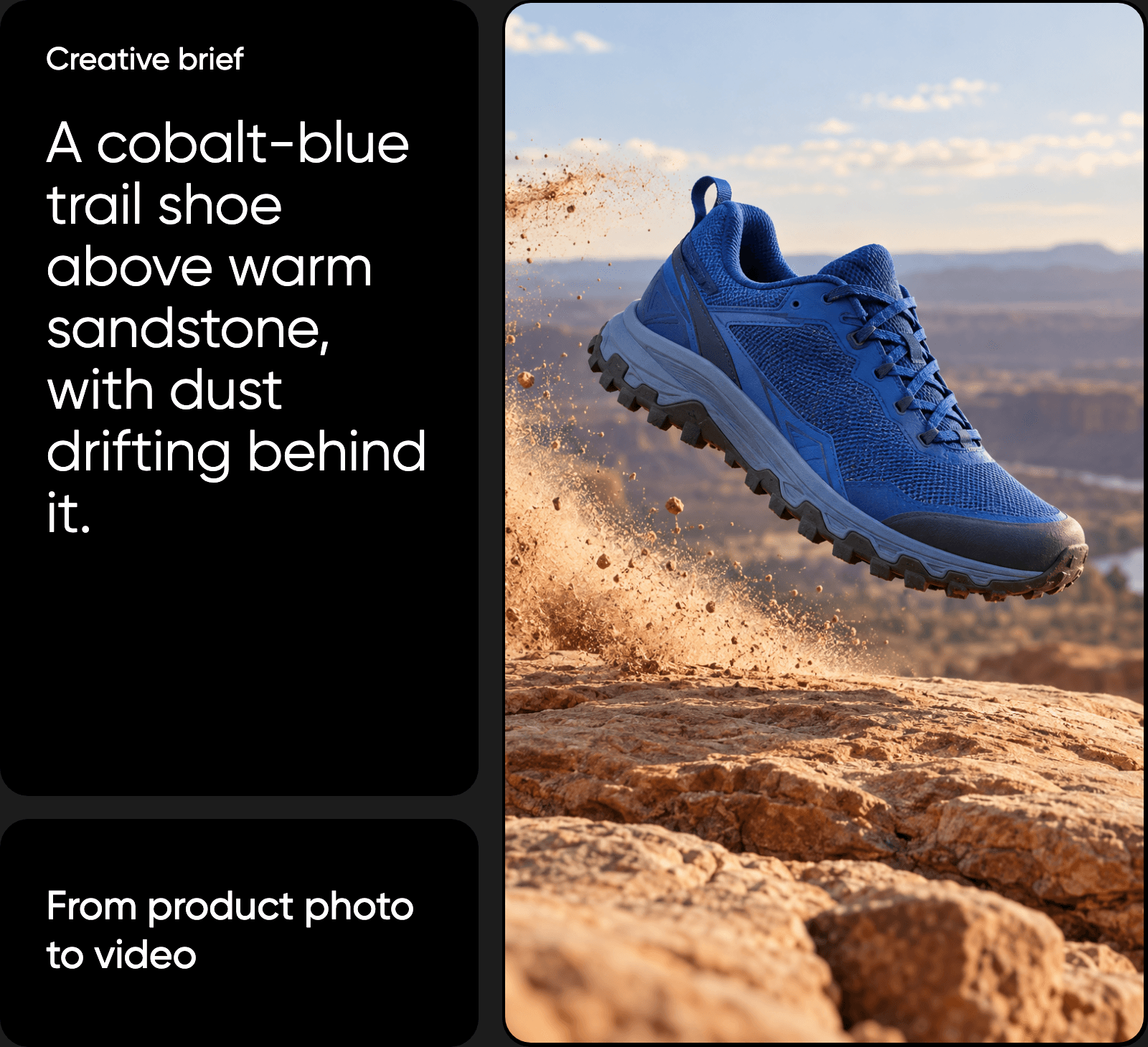 Creative brief beside a cobalt-blue trail shoe floating above sandstone