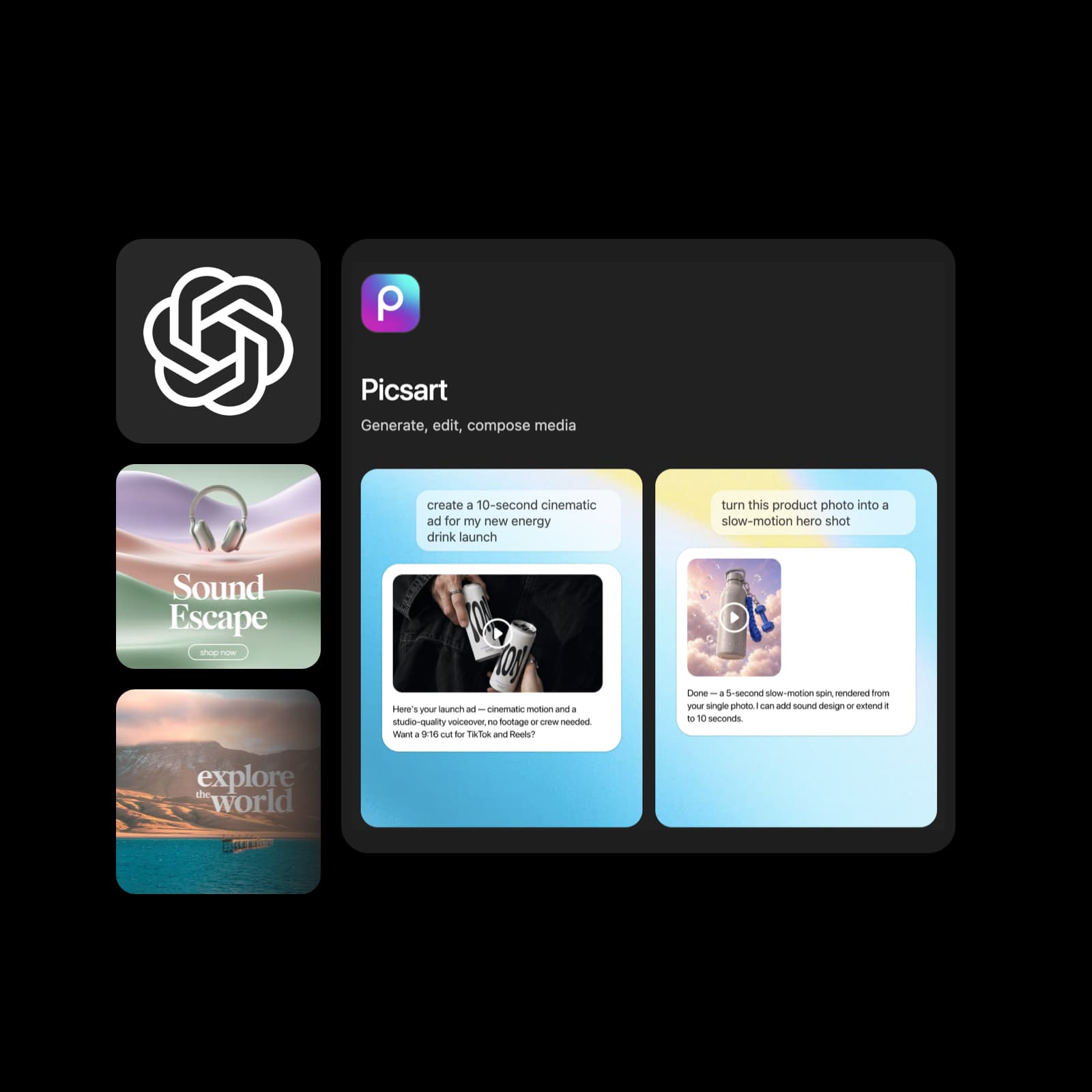 ChatGPT logo and actual Picsart plugin listing, alongside creative examples reused from Codex