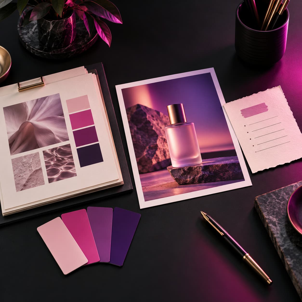 Approved product photo, brand palette and campaign brief on a creative desk