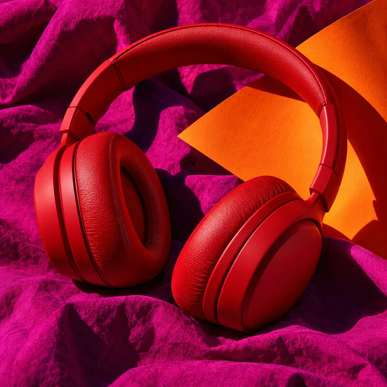 Illustrazione generata con l’AI di cuffie rosse su tessuto magenta