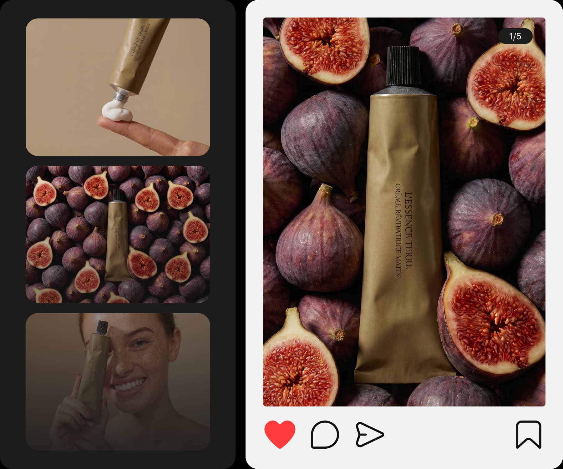 A set of matched skincare posts with a cream tube among figs shown as a social media post