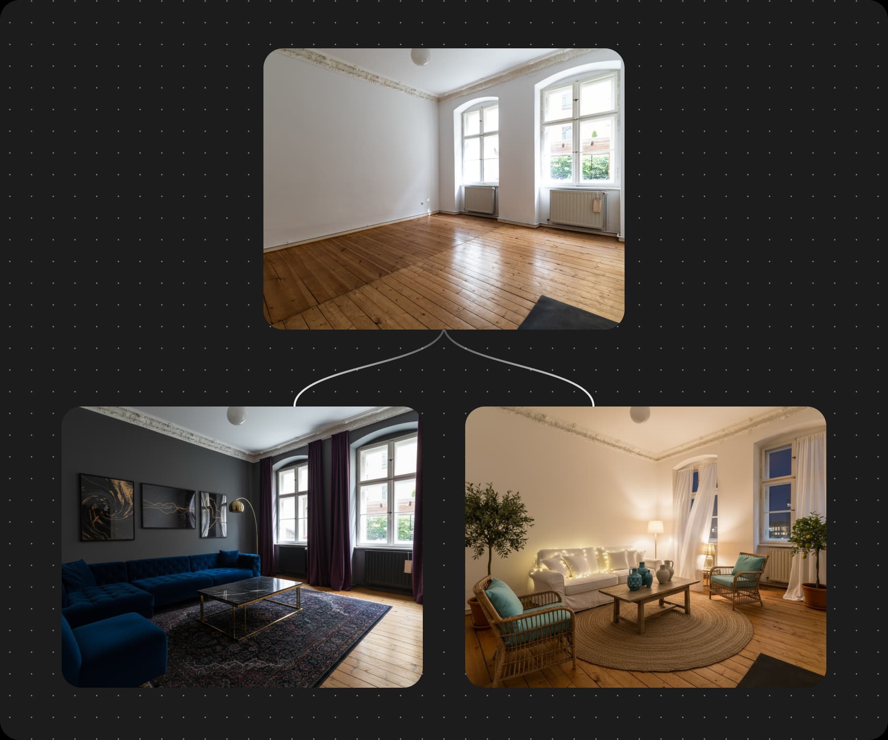 One empty room photo staged into two furnished living rooms in Picsart Flow