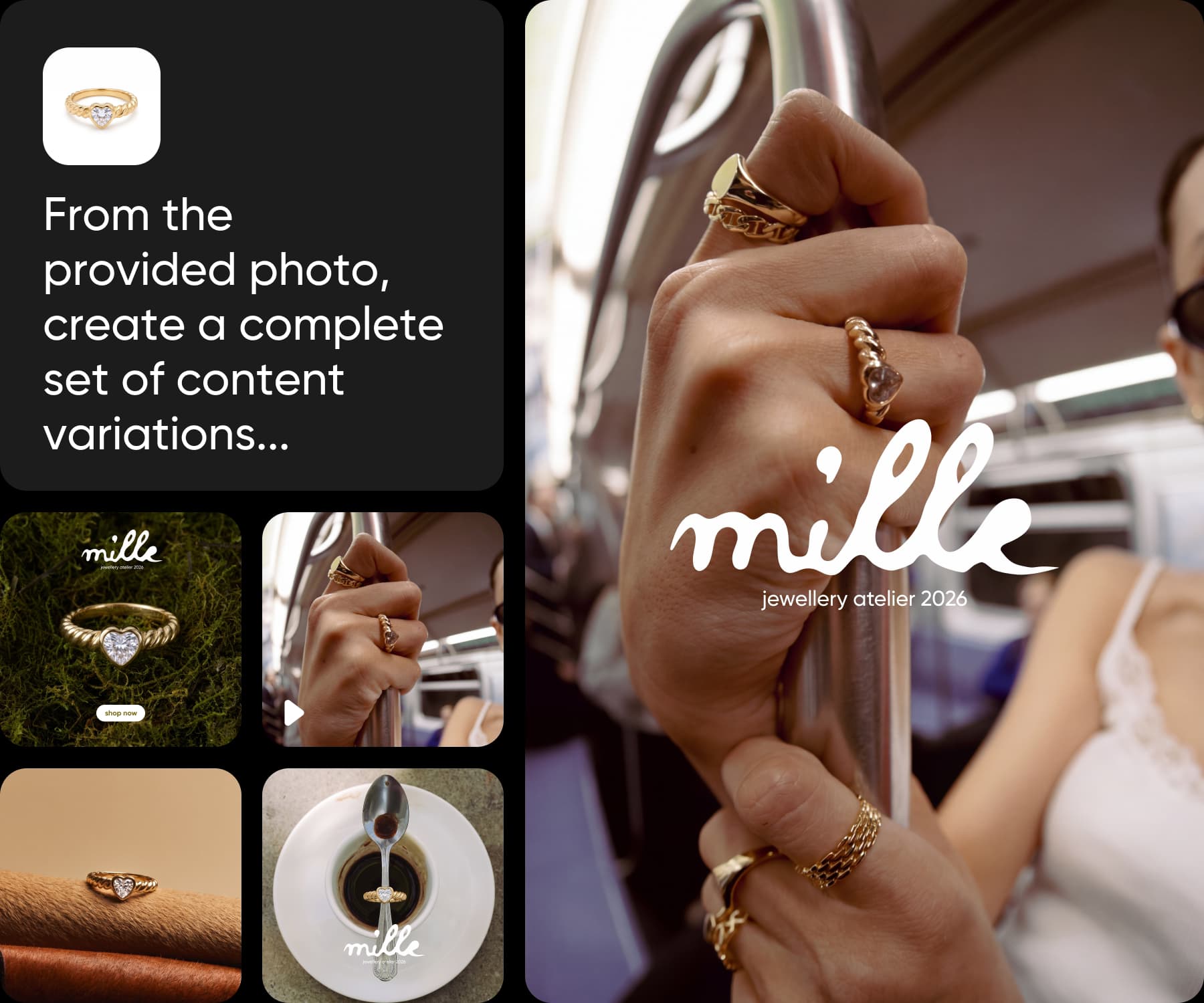 A brief to create a set of content variations from one ring photo, with the finished Mille jewellery campaign images