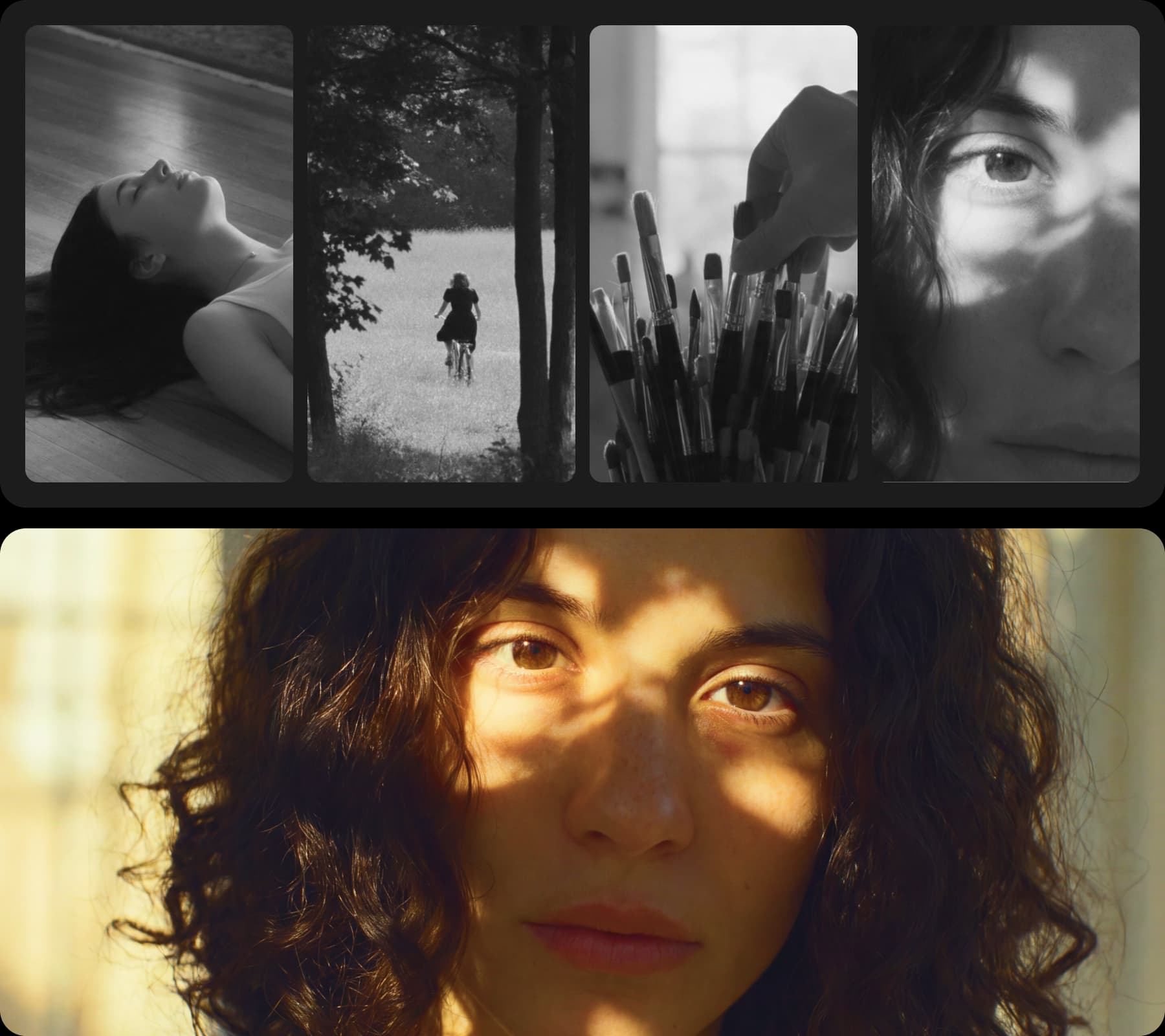 Black-and-white storyboard frames above a sunlit close-up from the finished shot