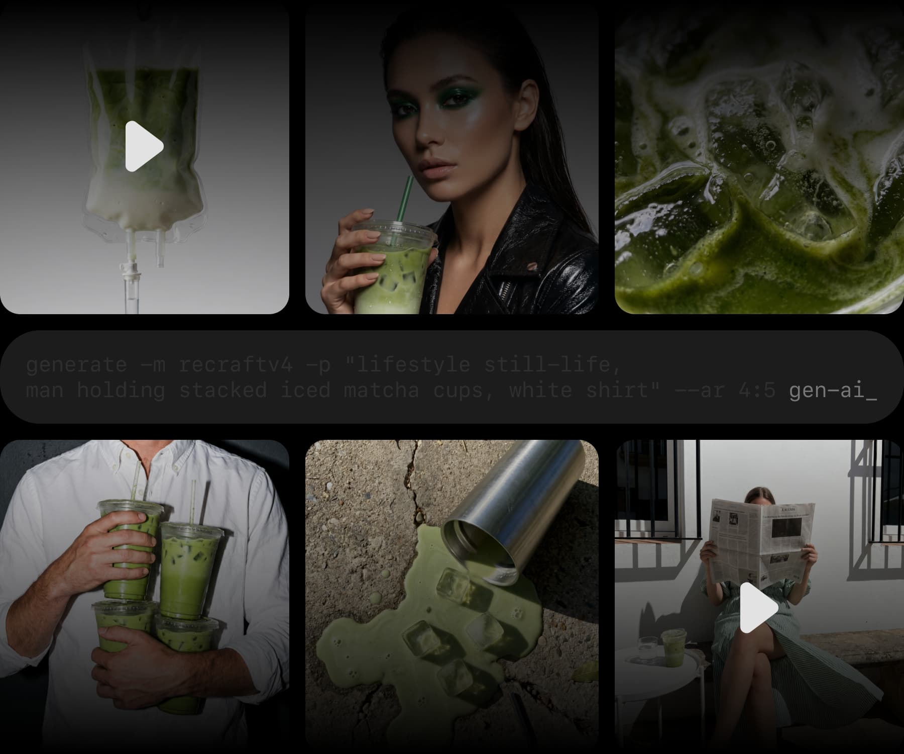 A gen-ai terminal command generating a grid of matcha lifestyle images and videos