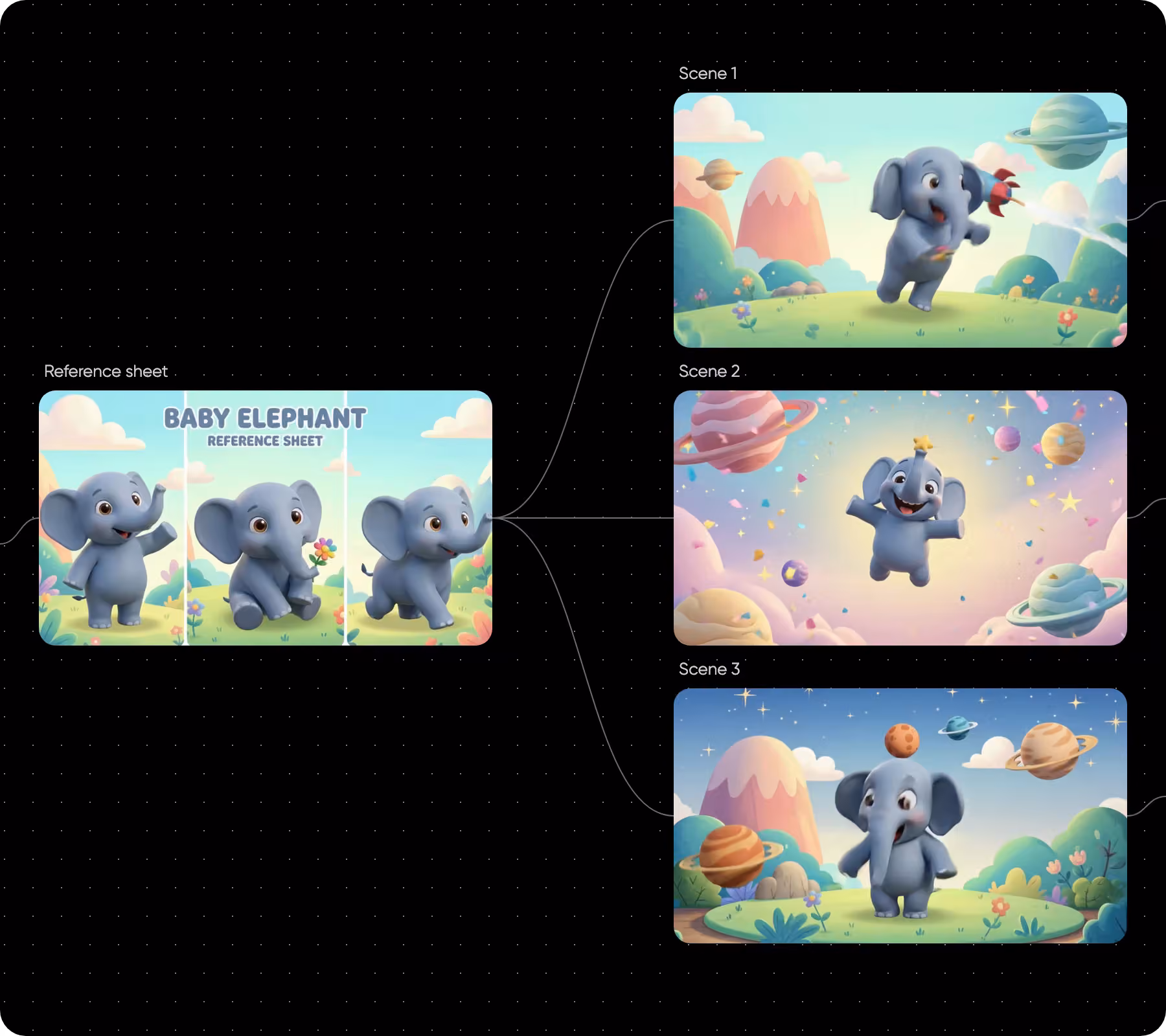 Reference images connected to one prompt so every shot keeps the same look