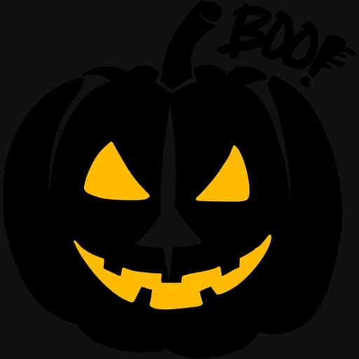 Schwarze Jack-o'-Lantern-Grafik mit gelben Augen und lächelndem Mund.