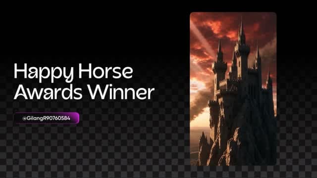 Still from Picsart's Happy Horse Awards winner announcement showing the winner title, @GilangR90760584, and a cinematic castle scene