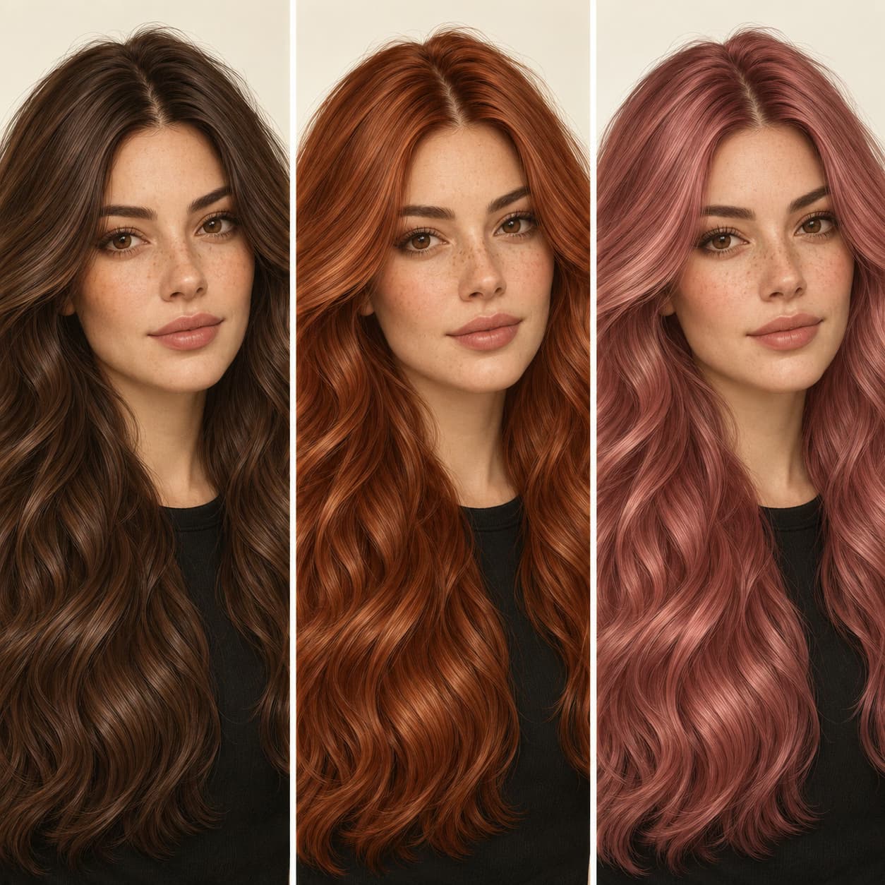 Ilustração gerada por IA de um retrato com cabelo castanho-chocolate, ruivo acobreado e rosa-rosado