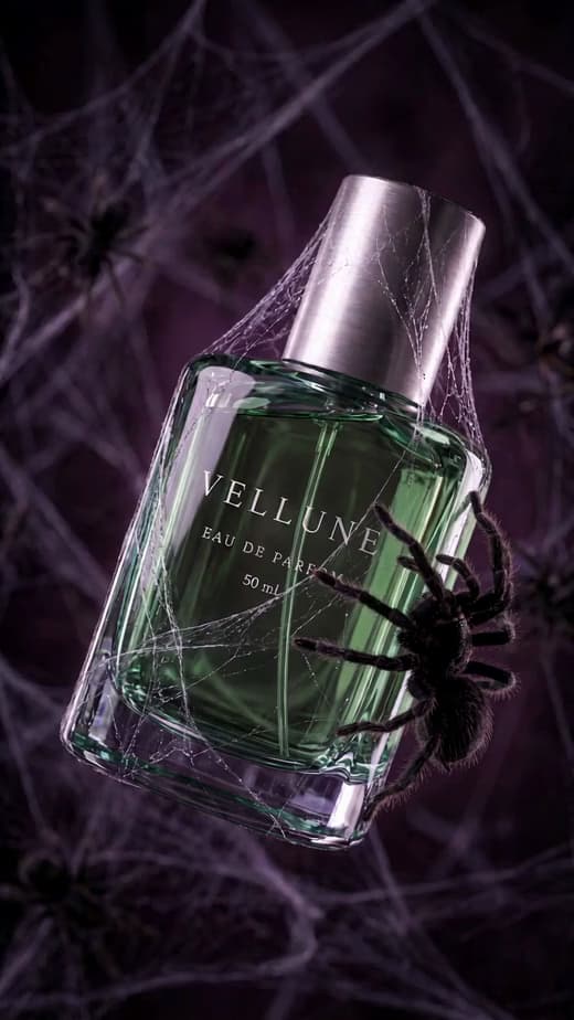 Halloween-Videobeispiel: Parfüm-Enthüllung im Spinnennetz.