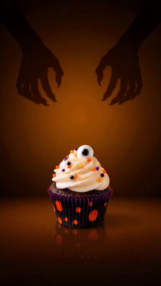 Halloween-Videobeispiel: Cupcake mit Monsterschatten.