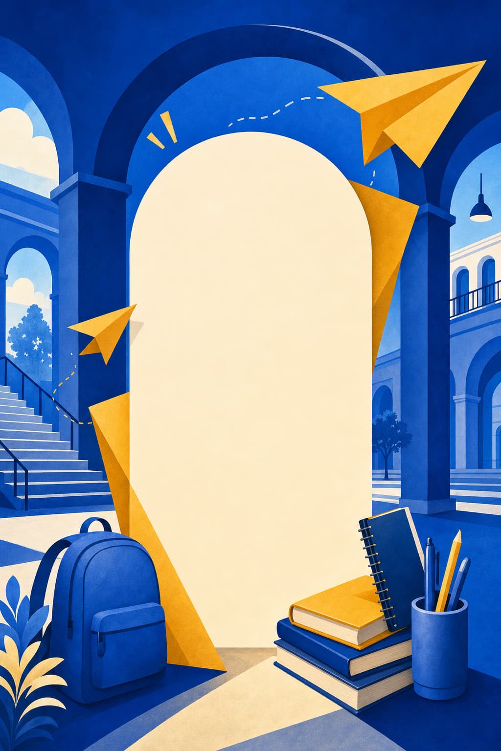 Abstract cobalt campus arches and a cream information panel.