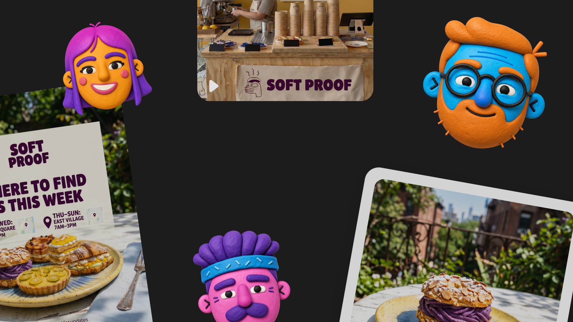 Picsart agent avatars around bakery campaign visuals, including a Soft Proof poster and pastry photos