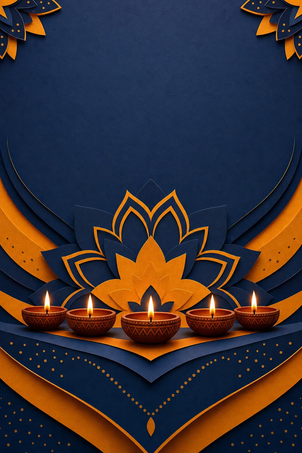 Indigo and marigold paper geometry around clay diyas.