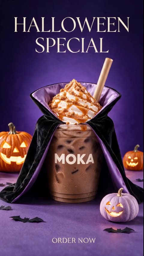 Halloween-Videobeispiel: Kaffee-Promo mit Hexenhut.