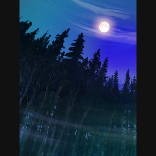 Vollmond über einem blauen Wald mit dunklen Baumumrissen.