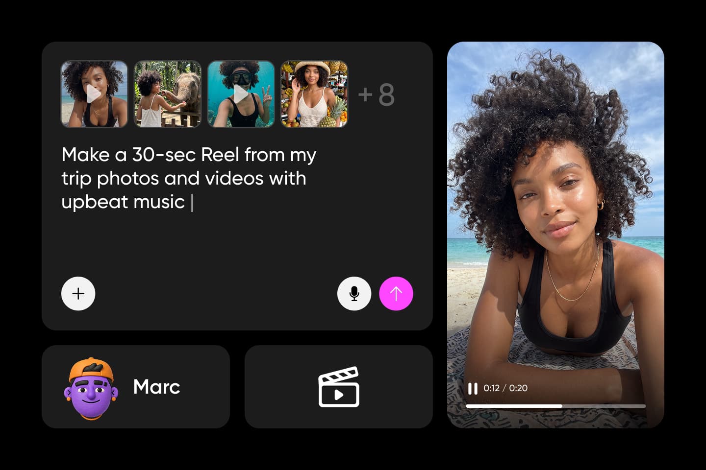 Marc, the Picsart video director agent, turning trip photos and videos into a 30-second reel
