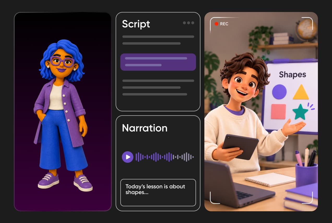 The Tori agent with a lesson script and narration track, beside a cartoon boy presenting a lesson on shapes