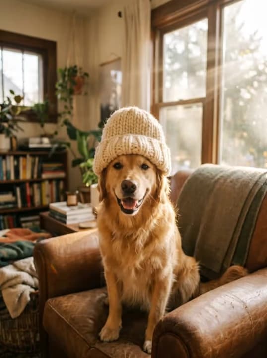 Golden retriever in a knit beanie, animated