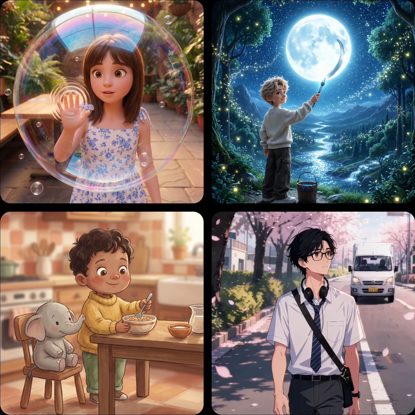Kids cartoon template covers, including a girl in a bubble, a boy reaching for the moon, and a boy with a toy elephant
