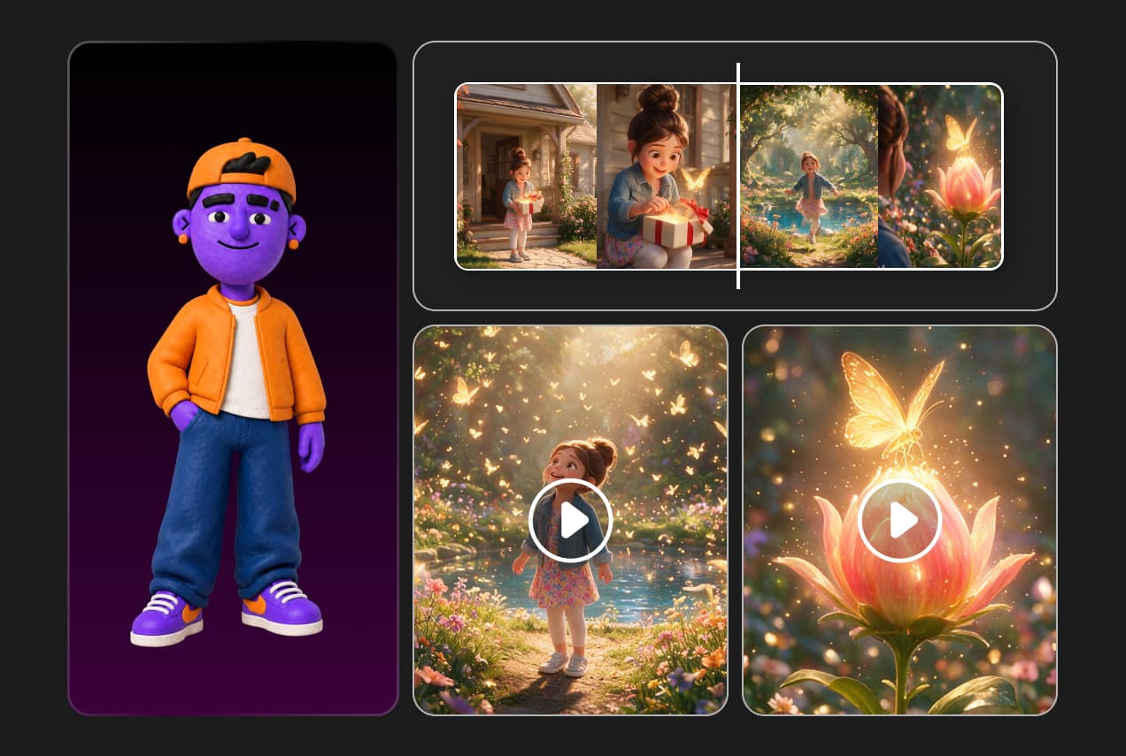 The Marc agent beside a video timeline and clips of a girl in a glowing fairytale garden