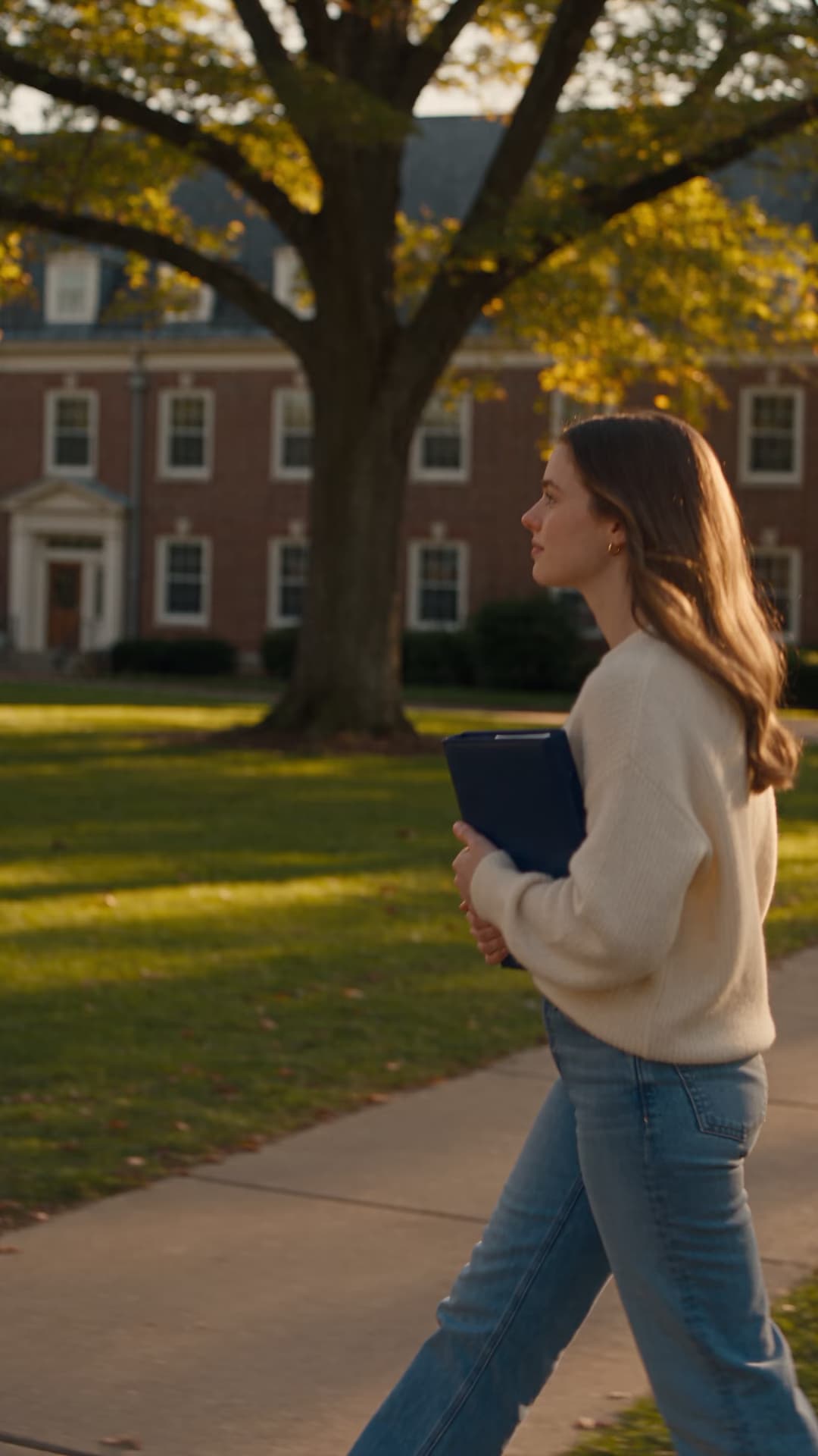 Adult student entering an original campus courtyard.
