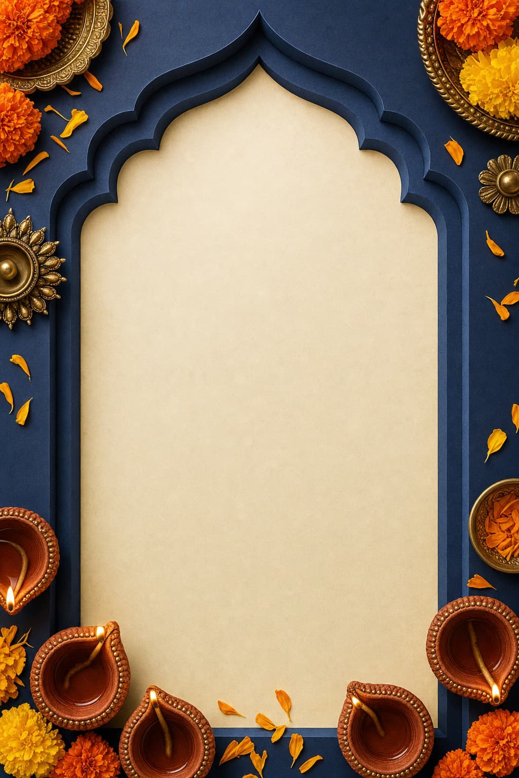 Cream card framed by indigo arches, marigold, and diyas.