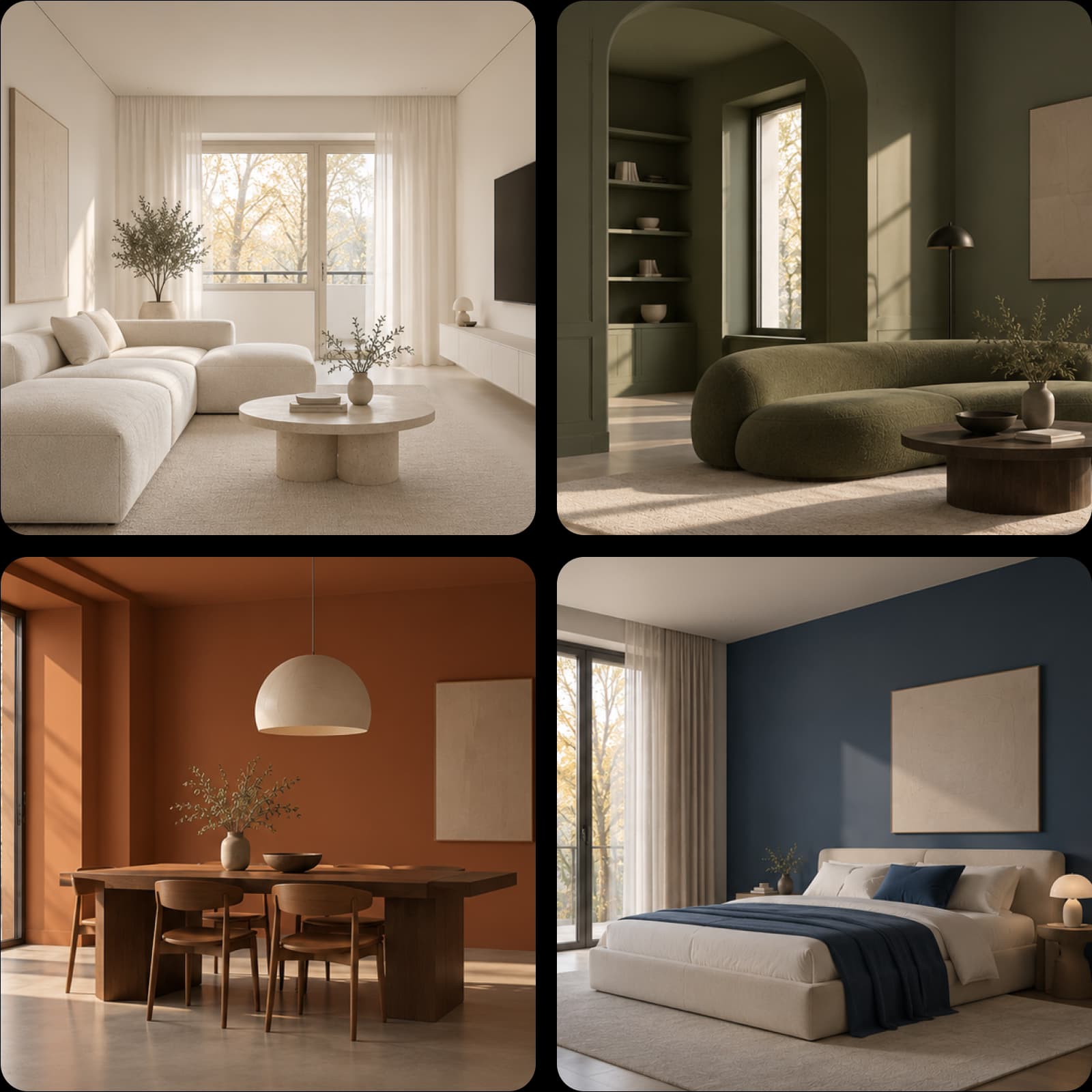 Four rooms staged in different styles by the Picsart Flow virtual staging template